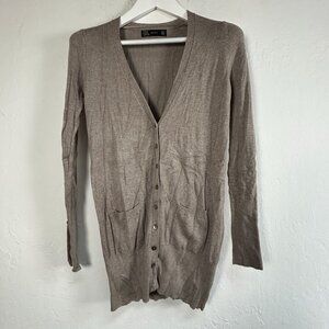 Zara Women Long Taupe Button-Down V-Neck Cardigan Sweater Medium Pockets Casual